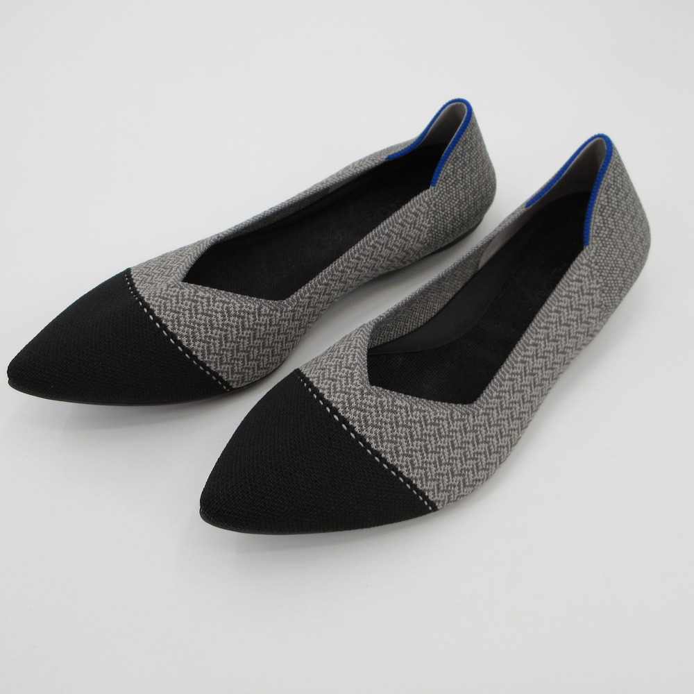Rothy's The Point Grey Herringbone Black Cap Toe Pointed Flats Size 11